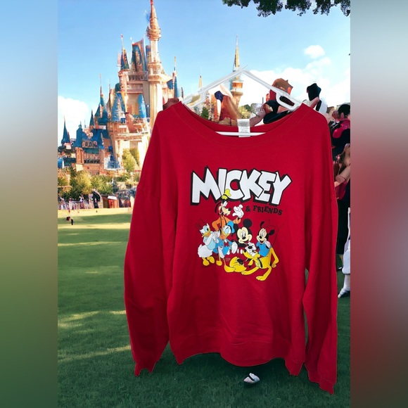 Disney Tops - Disney Mickey And Friends Womens XL Red Wide Neck Graphic Fleece Sweatshirt